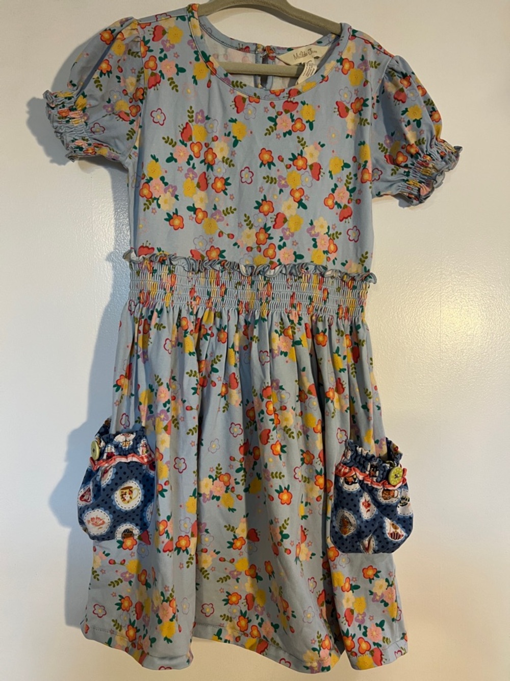 Matilda Jane Light Blue Floral Smocked Waist Dress with Pocket Accents